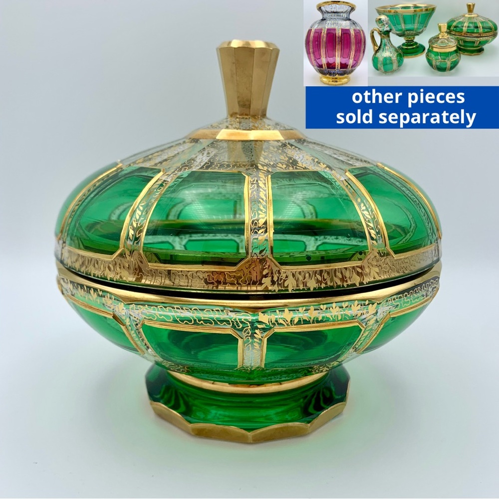 Bohemian Moser Cabochon Lidded Bowl 7.5” Emerald Green Footed Candy Dish Vintage
